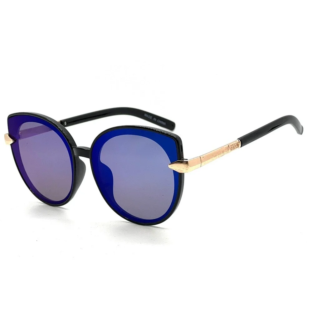 Women Sunglasses Blue Mirrored Lens Gold Accent Fashion Shades Trendy Lentes New
